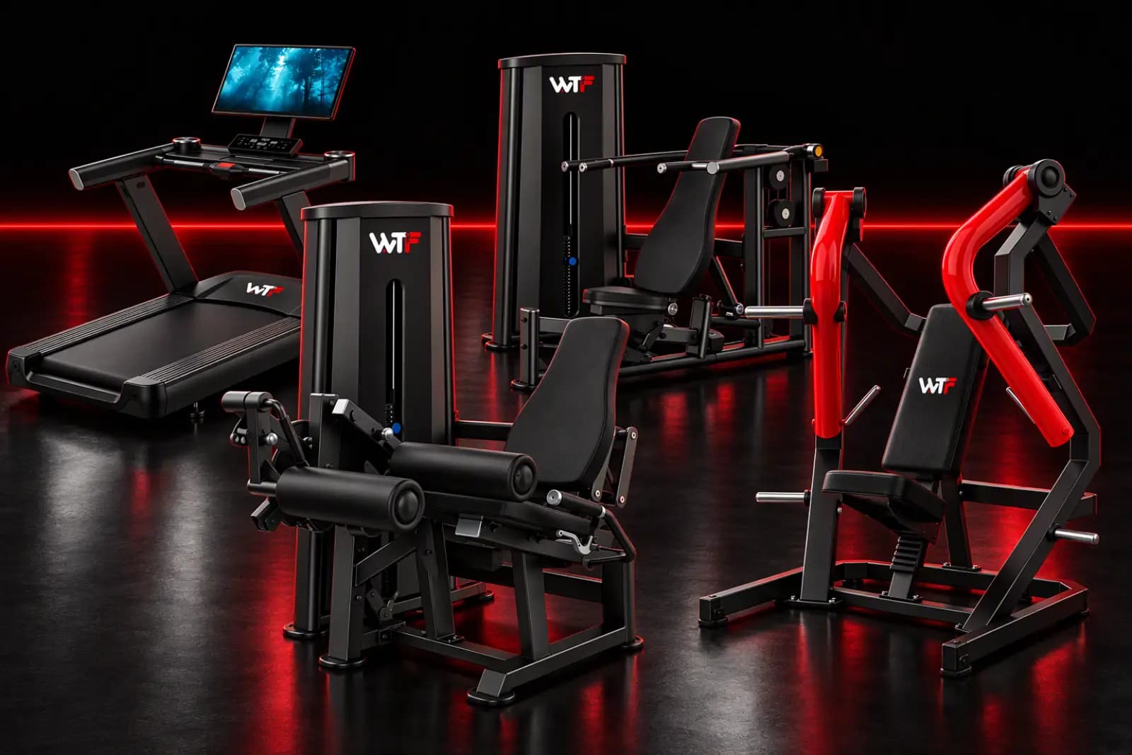 Black Edition machines on a dark floor with a red light line: a treadmill, two selectorized stations and a plate-loaded press with red arms, each carrying the WTF logo